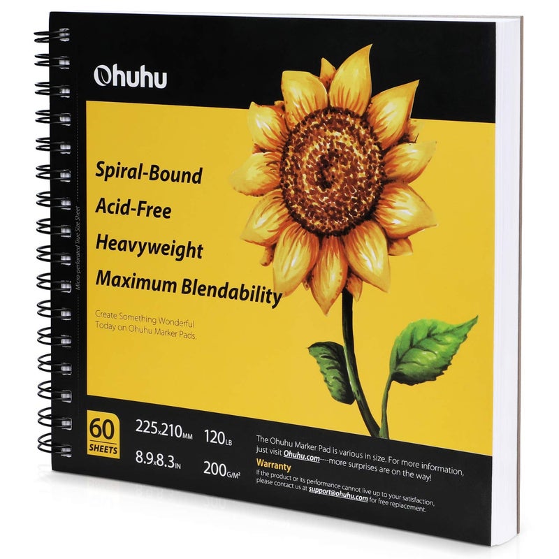 Ohuhu Marker Pads Art Sketchbook - 8.9" x 8.3" Portable Square Size -120 lb/200 gsm Drawing Papers - 60 Sheets/120 Pages - Spiral Bound Sketch Drawing Book for Alcohol Markers Christmas Gift - Image 1